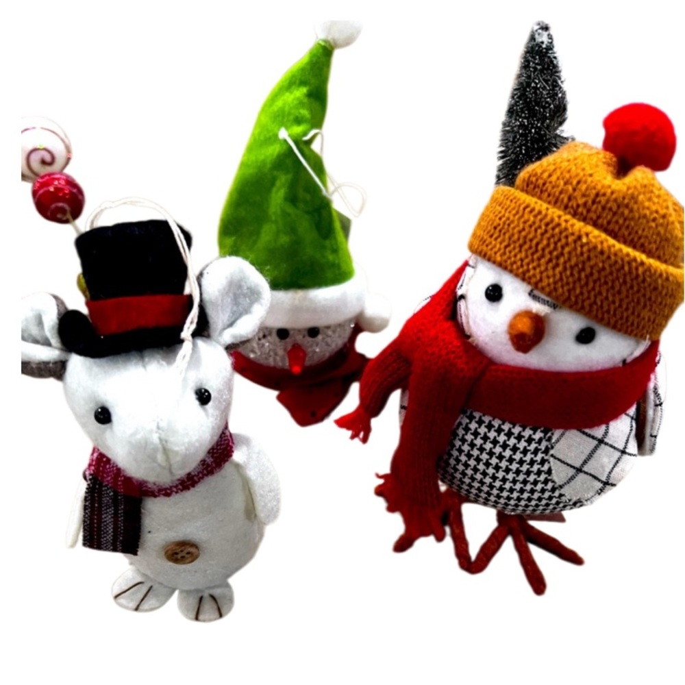 Festive Holiday Figurines Set bird w/ presents mouse and lifted snowball w/ hat